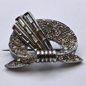 Vintage Art Deco Silver Tone Rhinestone Brooch Baguette Round Clear Stones Pin